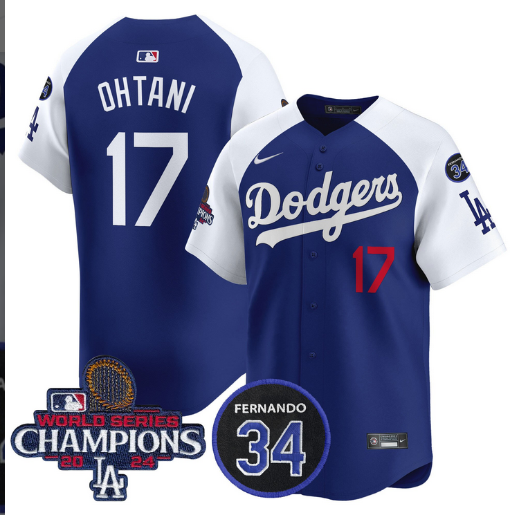 Men MLB Los Angeles Dodgers #17 Ohtani blue 2024 World Series Champions Patch Limited Jersey